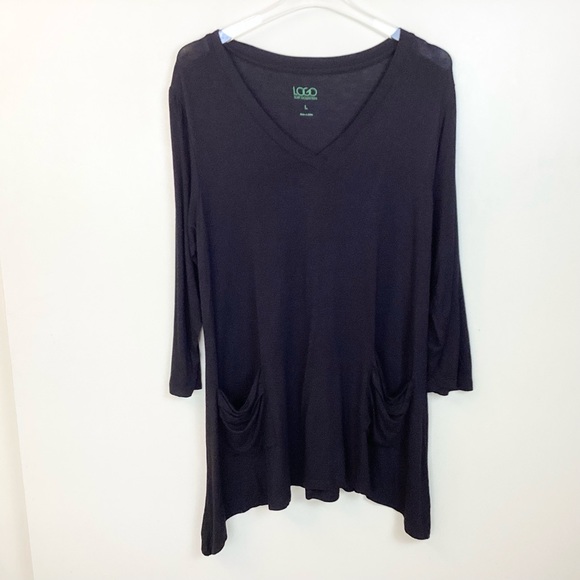 LOGO by Lori Goldstein V-Neck Tee with 3/4 Sleeves and Pocket Detail - Black - L - Picture 1 of 5